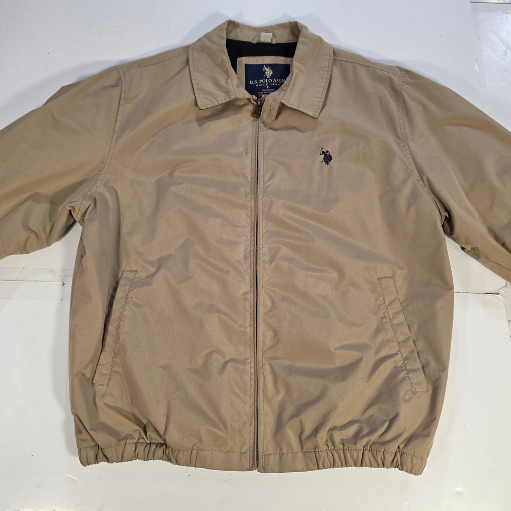 US Polo Assn Mens Harrington Jacket Tan Khaki Fleece Lined Windbreaker Large